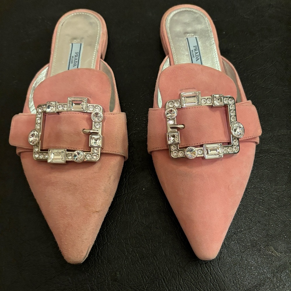 Prada Pink Suede Jewleled Buckle Flats 7.5